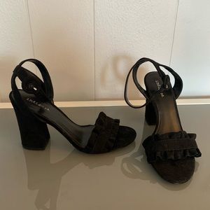 Black Chunky Heel with Ruffle Detail
